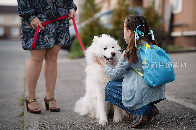 小女生很高兴在放学前或放学后看到她的狗