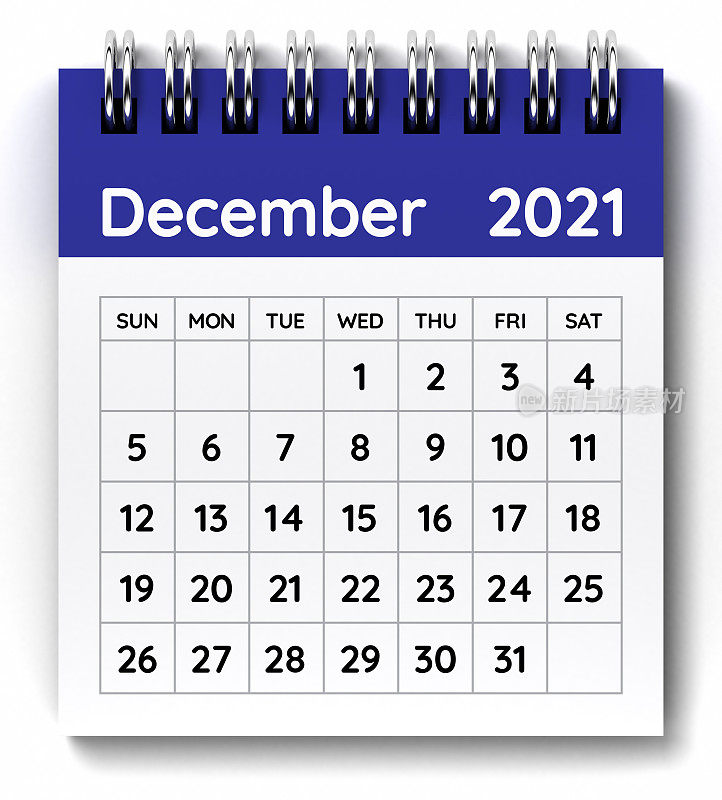 2021年12月日历。一周从星期天开始。