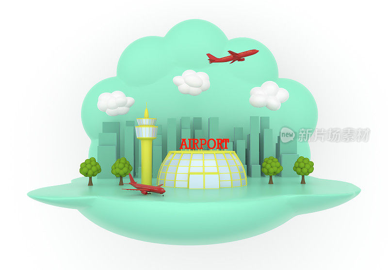 一个场景的插图与客机，一个机场建筑的背景树，一个城市。从上面看，一架空中客车在云层中飞行。三维渲染