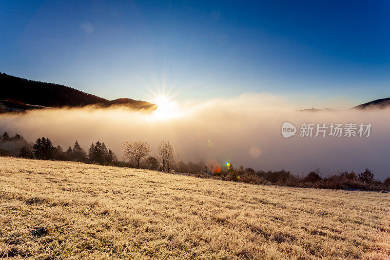 太阳从山后升起，雾在夏季清晨的黎明升起。清晨的雾消散在喀尔巴阡山脉。自然山水，自然风光，田园背景