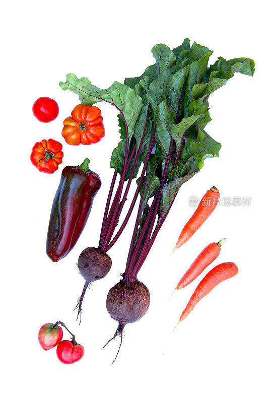生蔬菜:用黄油搅打，西红柿放在树枝上，胡萝卜，白底甜椒。俯视图，健康饮食理念。一个关于素食主义的博客。海报。本空间