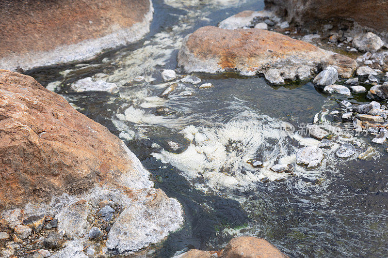 自然温泉夏季清澈清澈的水流特写，展现了美丽的水面和五彩缤纷的岩石。它是旅游度假地。