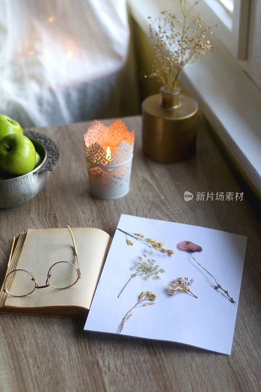 书，眼镜，植物标本馆，苹果和蜡烛