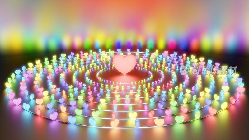 抽象浪漫的彩虹发光的心环旋转发光-抽象背景纹理