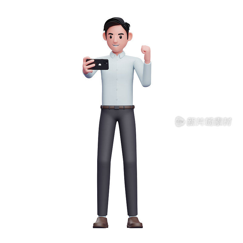 穿着蓝色衬衫的商人一边看着手机屏幕一边庆祝，商人使用智能手机的3d插图