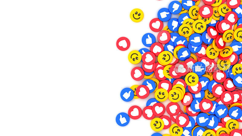 社交媒体图标背景。多色徽章与微笑的脸，心脏和大拇指符号孤立在白色背景。