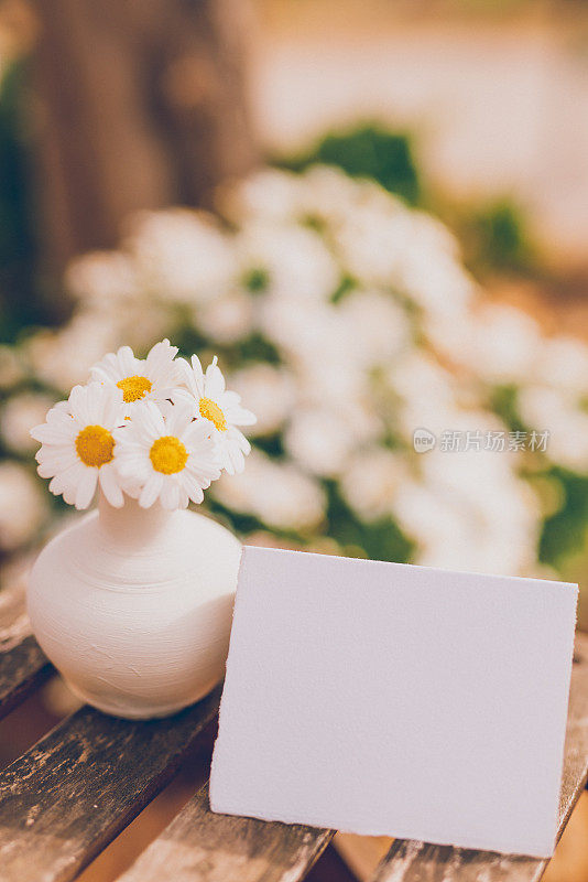 可爱的花瓶，白色的雏菊和一张空的明亮的纸作为复活节的模型，春夏短信放在一个小的乡村木桌上