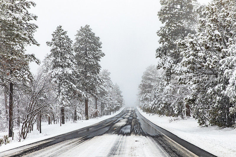 冬天被黑冰雪覆盖的危险乡村道路