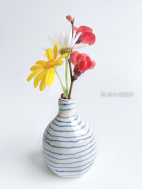 春天的花在小手工陶瓷花瓶与白色背景。