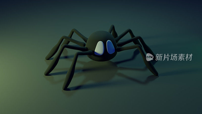3D黑色光滑的有毒蜘蛛与阴影。食肉的令人毛骨悚然的动物孤立在黑色背景。闪亮的万圣节人物装饰。恐怖的概念