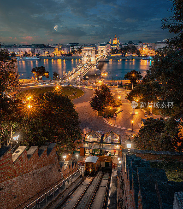 布达佩斯的夜景。从布达一侧看多瑙河和链桥，布达佩斯，匈牙利