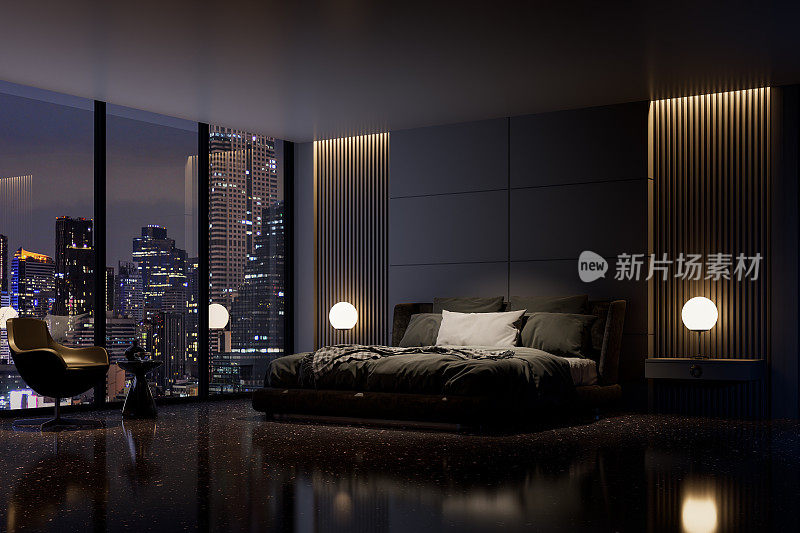 夜景，现代风格的豪华黑色主卧室，城市景观3d渲染