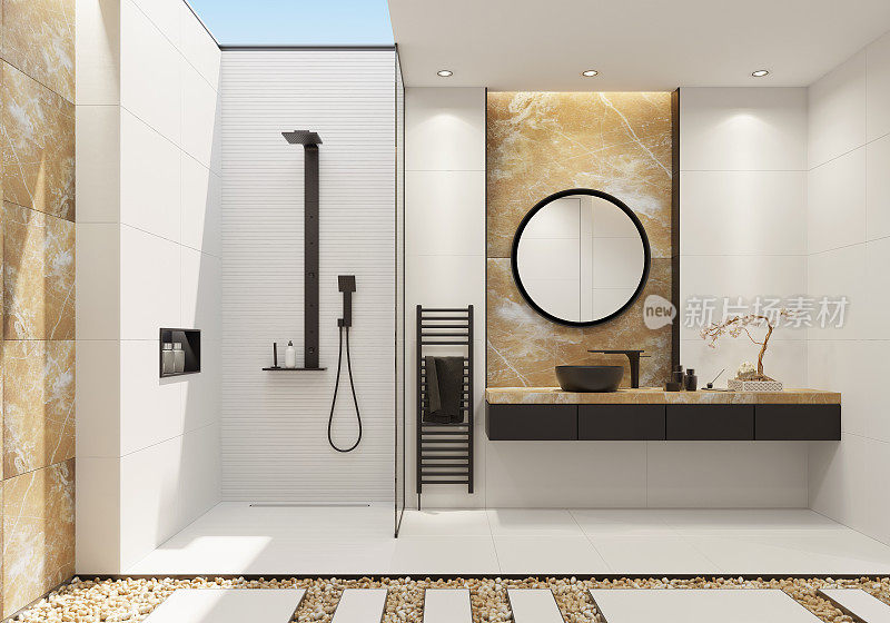 豪华白色浴室与金色缟玛瑙和大胆的黑色细节