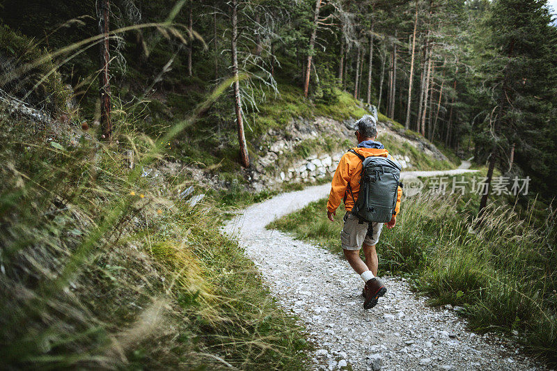 老人在山林中徒步旅行