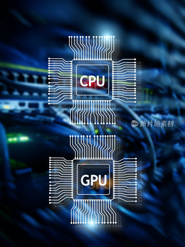 CPU和GPU处理器芯片在数字数据中心的背景下。