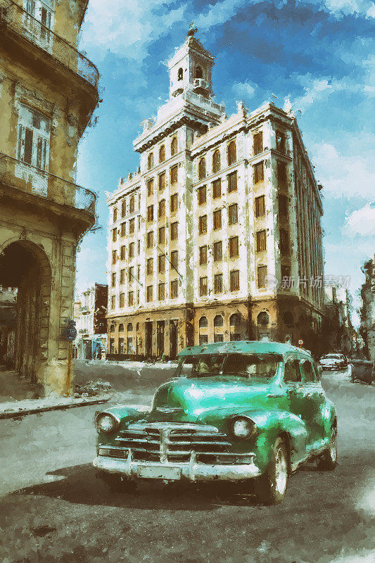 古色古香的绿色老爷车驶过古巴亚克力油画风格的哈瓦那老城