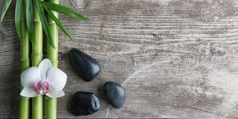 禅宗平衡石，兰花和竹植物在木桌上