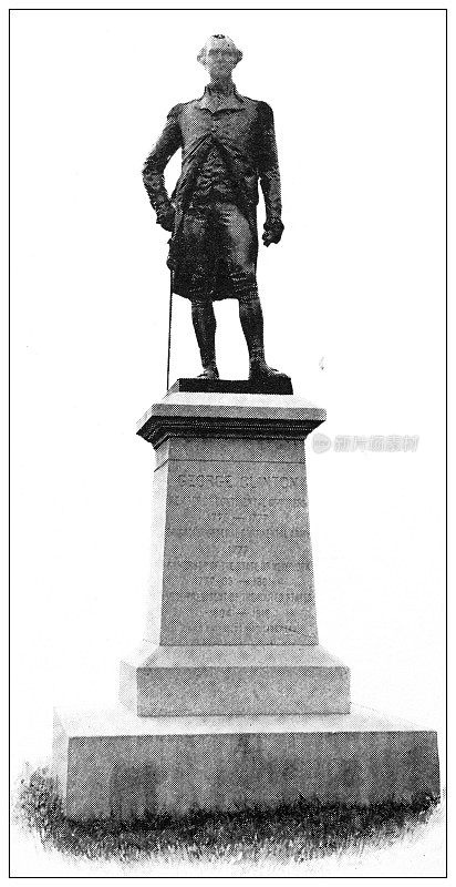 中部各州历史城镇的古董黑白照片:纽堡，克林登广场的克林顿雕像