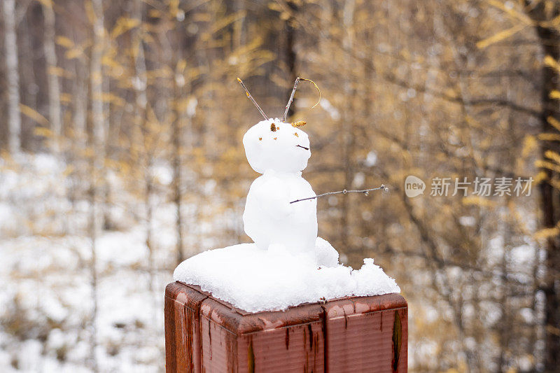 有雾有雪的秋天，湖边山上森林里的栏杆上有一个小雪人