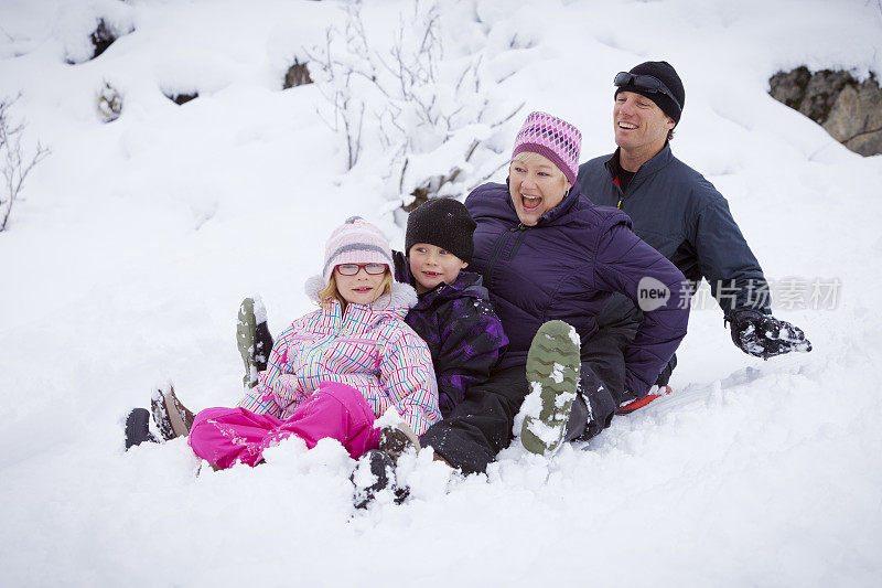 一家四口在冬天用雪橇滑下雪滩