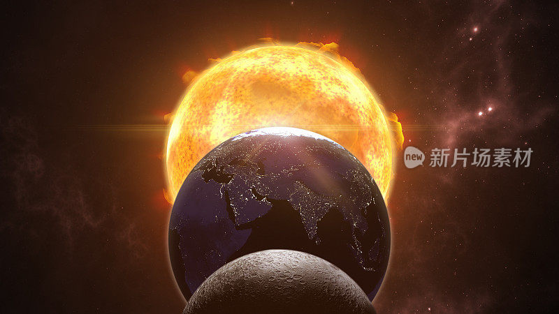 太阳，月亮和地球仪。宇宙场景的剪辑。