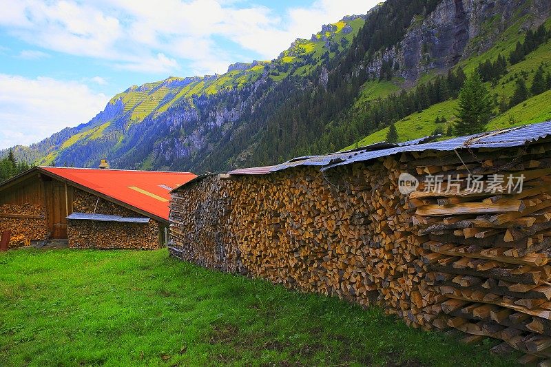木材堆柴火，翁根农场，伯恩斯高地，瑞士阿尔卑斯山