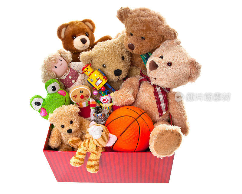 泰迪熊和装满玩具的盒子