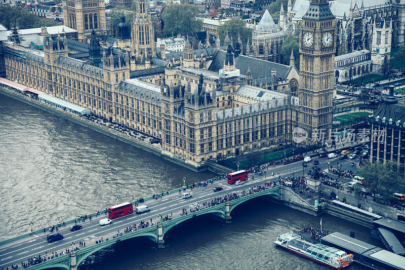 英国伦敦城市鸟瞰大本钟威斯敏斯特桥风景