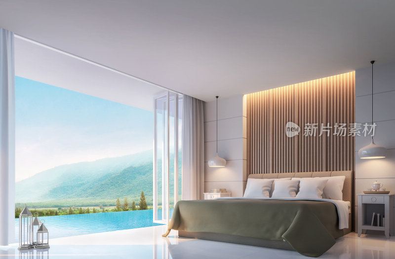 现代卧室与山景3d渲染图像