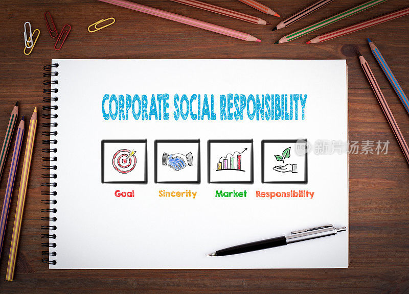 企业社会责任。笔记本，钢笔和彩笔