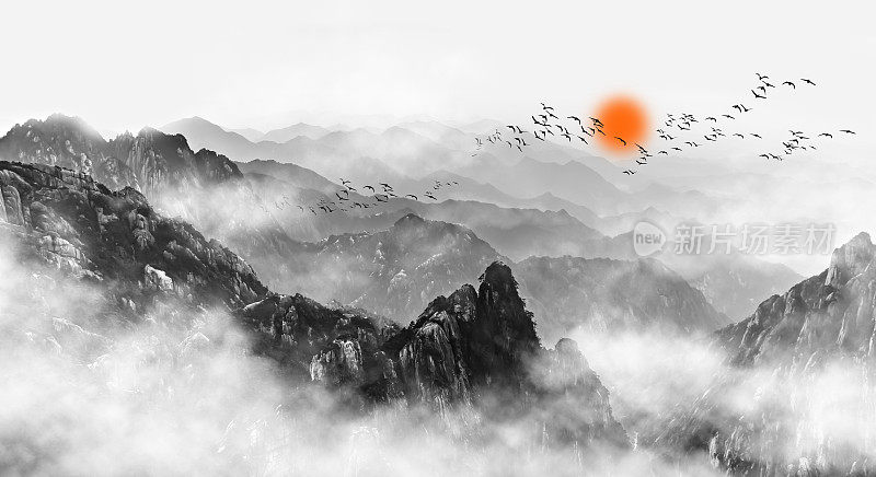 中国遥远的黄山，云雾缭绕