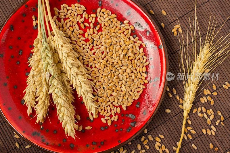 小麦和大麦的谷粒、小穗放在红色陶瓷盘上。棕色的背景