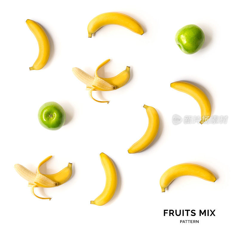 无缝图案与水果。热带抽象背景。白色背景上的香蕉和苹果。