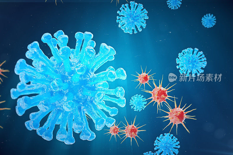 3d插图，肝炎，H1N1，艾滋病毒，流感，艾滋病病毒抽象背景。被感染生物体中的肝炎病毒