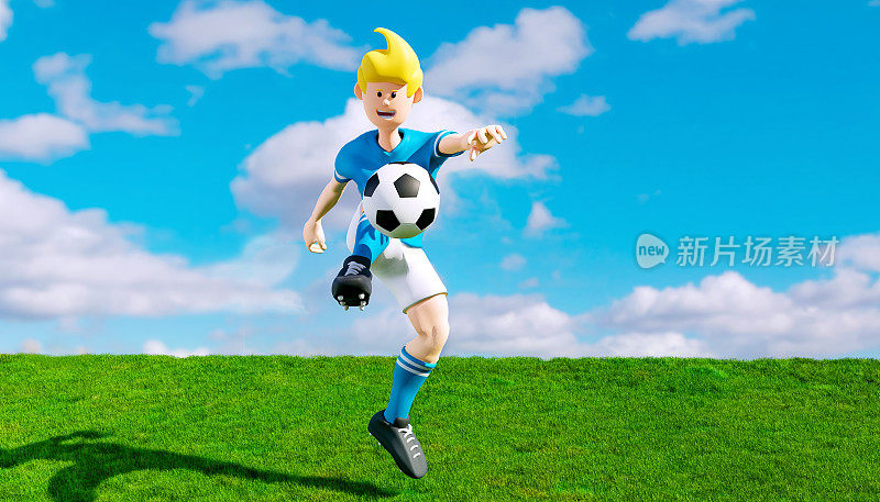 卡通足球运动员在草地上跳跃踢球