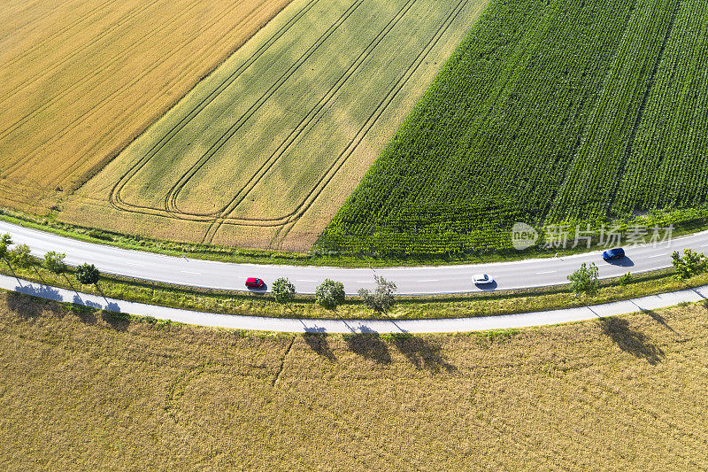 三辆车在田野之间的道路上，鸟瞰图