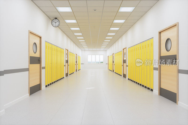 空荡荡的学校走廊，黄色的储物柜和紧闭的门