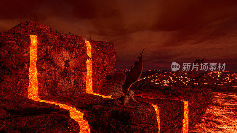 3D插图的黑暗燃烧地狱景观与熔岩流。