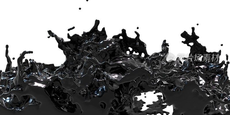 喷水池，油墨弥漫在空气中原油抽象背景飞溅油3D插图