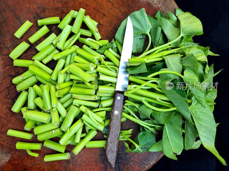 采伐牵牛花蔬菜食品的准备。