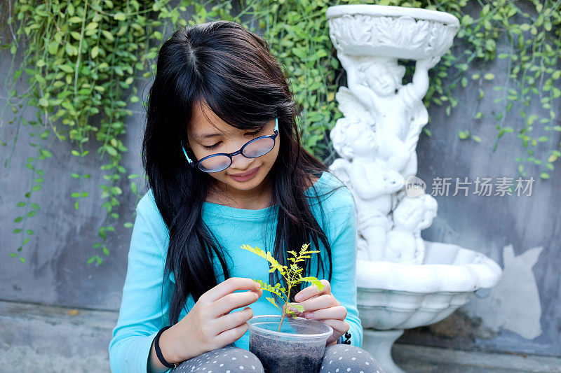 泰国少女的肖像照顾年轻的植物在花园