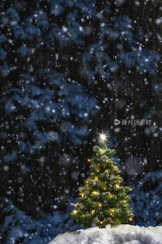 小圣诞树上有灯和发光的星星在外面的夜晚下雪