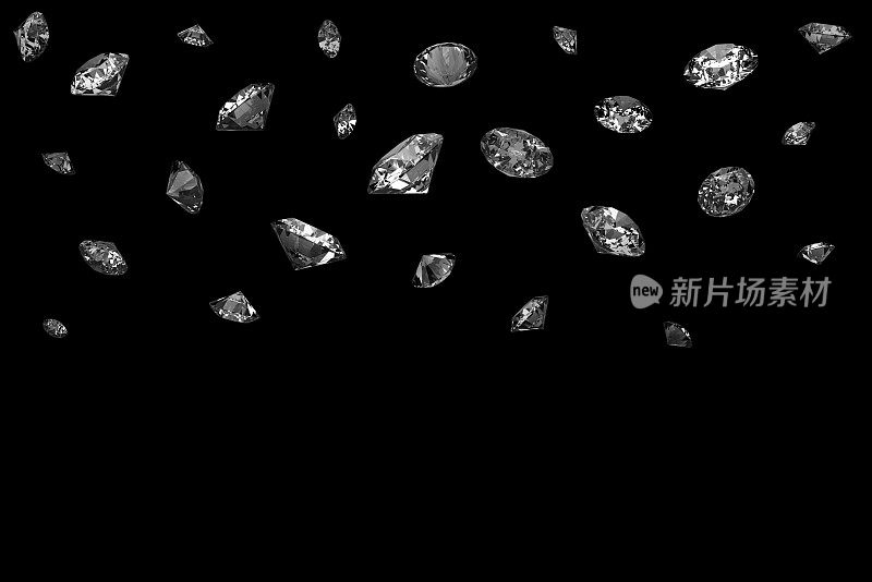 许多闪亮的钻石落在黑色的表面上