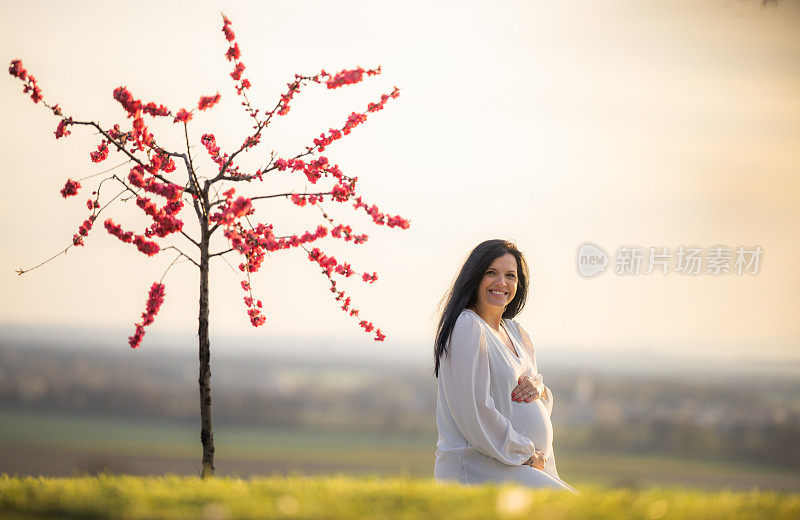 一位美丽的年轻孕妇在郊外放松。快乐的孕妇在大自然中享受轻松的产假