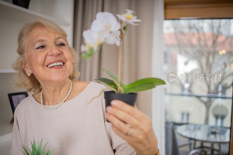 一位老年妇女在她的新公寓里照料植物