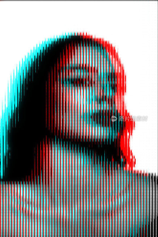 女子肖像插图在半色调黑白电视屏幕像素图案在RGB颜色分割效果