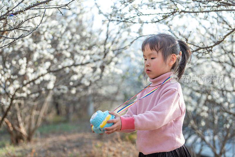 一个小女孩在盛开的梅树上吹泡泡