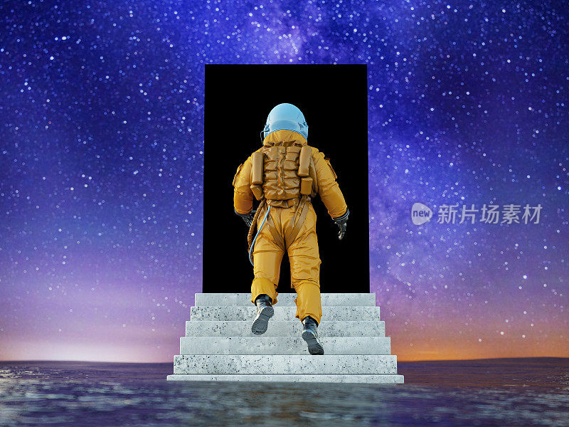 宇航员在外星星球上走向黑色传送门