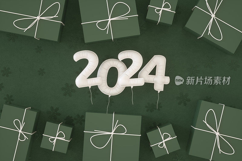 绿色背景的2024年新年气球和礼盒。