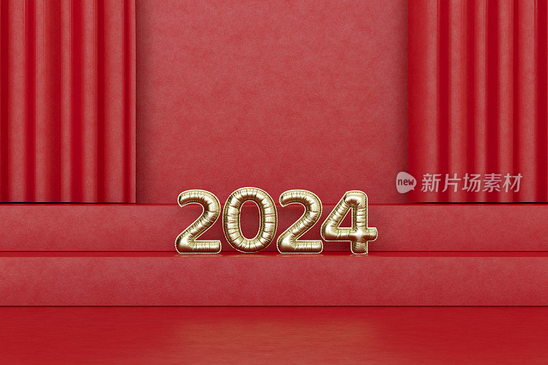 2024年新年气球在红色的讲台上，圣诞的背景。